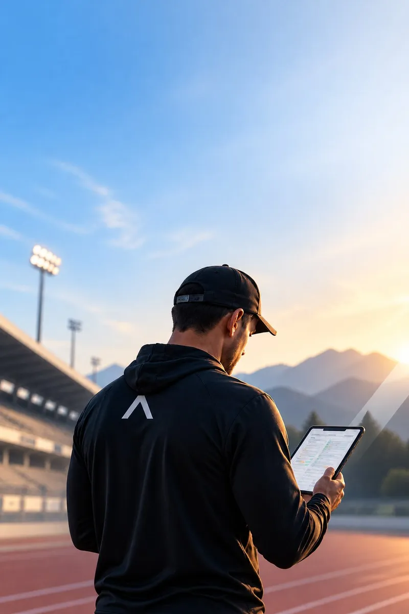 Coach revisando el plan de sus atletas en la pista