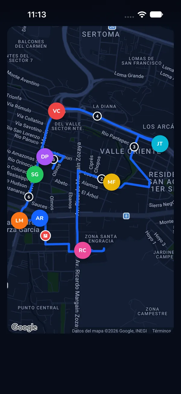 Mapa del live tracking con los corredores